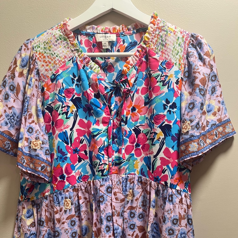 Umgee Floral Patchwork Blouse - Pink, Blue, and Brown - Picture 3 of 6